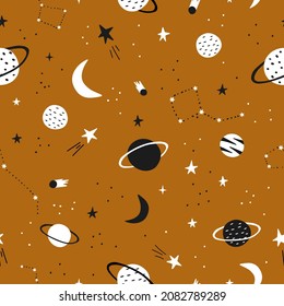 Patrón sin foco. El cielo espacial sobre un fondo amarillo. Diseño de ilustración de vector