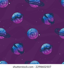 Seamless pattern with space sky and planets. Gradient universe with fantastic alien planets