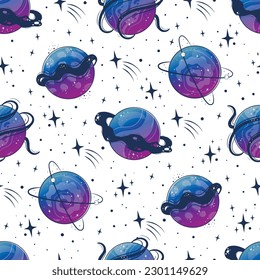 Seamless pattern with space sky and planets. Gradient universe with fantastic alien planets