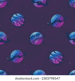 Seamless pattern with space sky and planets. Gradient universe with fantastic alien planets