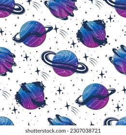 Seamless pattern with space sky and planets. Gradient universe with fantastic alien planets