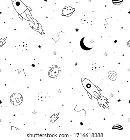 Seamless pattern space sky with stars and constellation scattered on a white background and a floating spacecraft Design ideas used for publication, background, wallpaper, textile, vector illustration