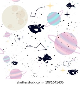 Seamless pattern with space stars, constellation, planet and sea animals. Editable vector illustration.
