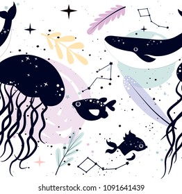 Seamless pattern with space stars, constellation, planet and sea animals. Editable vector illustration.