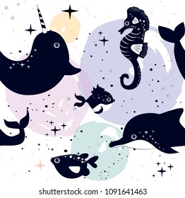 Seamless pattern with space stars, constellation, planet and sea animals. Editable vector illustration.