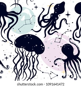 Seamless pattern with space stars, constellation, planet and sea animals. Editable vector illustration.