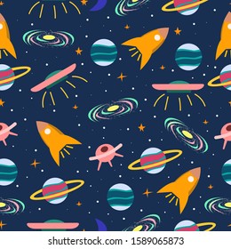 Seamless pattern with space, stars, planets, rocket, space background. 