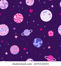 Seamless pattern with space, stars, planets. Trendy kids vector background. Texture for print, textile, fabric. Hand drawn illustration.