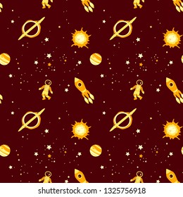 Seamless pattern with space: stars, rockets, planets; vector illustration