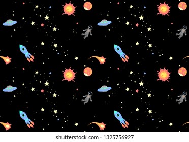 Seamless pattern with space: stars, rockets, planets; vector illustration