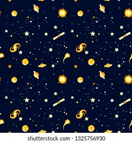 Seamless pattern with space: stars, rockets, planets; vector illustration