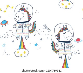 Seamless pattern with space unicorn. Texture for web, print, wallpaper, fashion, textile design, fabric. Vector illustration. Space and magic background