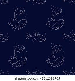 Seamless pattern with space whales swimming in the starry sky