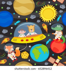 seamless pattern with spacecraft and animals - vector illustration, eps