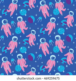 Seamless pattern with spacemen in the sky. Vector illustration