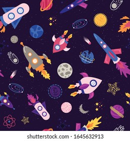 Seamless pattern with spaceship, rockets, planets, stars, moon, comets, sun on starry nights. Vector illustration about cosmic, cosmos for unisex children.