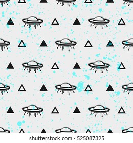 Seamless Pattern With Spaceships. Flying Saucers. Unknown Flying Object. UFO.  Repeated Pattern. It Can Be Used As Wallpaper, Upholstery, Wrapping, Fabric Or Your Design.