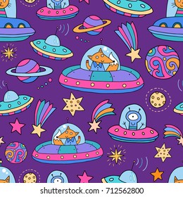 Seamless pattern with spaceships, planets, stars. Cute cat and fox are in space! Lovely vector illustration and design for fabrics, textile, wallpaper and background for kids.