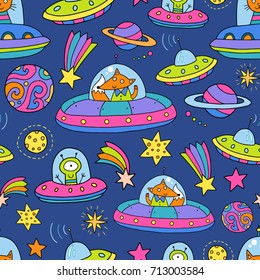 Seamless pattern with spaceships, planets, stars. Cute cat and fox are in space! Lovely vector illustration and design for fabrics, textile, wallpaper and background for kids.