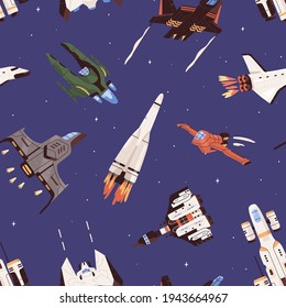 Seamless pattern with spaceships and rockets in space. Endless repeatable background with flying missiles and spacecrafts. Colored flat vector illustration of printable texture with galaxy shuttles