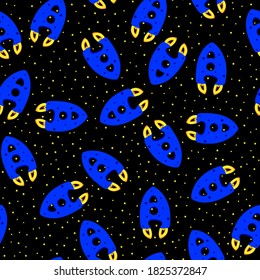 Seamless pattern from spaceships in space. Colorful spaceships fly under the stars on the black background. For kids design, pattern, textile, background, wrapping, wrapping paper