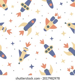 Nahtlose Muster von Raumschiffen und Sternen auf weißem Hintergrund. Ideal für Kinder Design, Stoff, Umhüllung, Tapete, Textilien, Heimgestaltung.