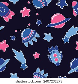 Seamless pattern with spaceships, stars and planets with white outline on dark blue background. Cartoon vector illustration for childish textile, wallpaper, backgrounds.