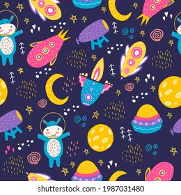 A seamless pattern with a space-suited behemoth, spaceships, the moon, planets, stars, and binoculars. Bright print for the design of children's clothing with a small hippo. Flat doodle style.