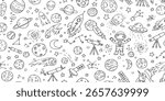 Seamless pattern of space-themed doodles, featuring planets, rockets, astronauts, UFOs, stars, and other celestial objects.