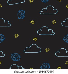 seamless pattern with space-themed elements. Featuring planets, stars, and clouds against a dark background, this illustration is ideal for cosmic-themed designs, wallpapers, or creating cosmic 