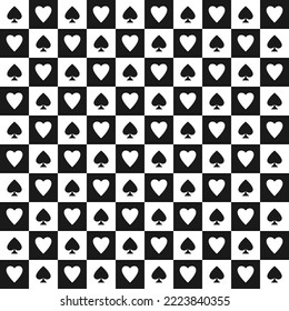 Seamless pattern with spades and hearts. Casino gambling, poker background. Alice in wonderland ornament. Fantasy wallpaper.