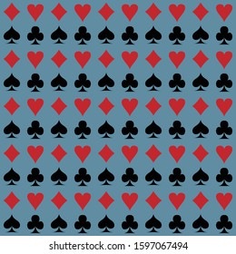 seamless pattern with spades, hearts, diamonds and clubs. blue backdrop. endless pattern with poker suits. casino theme vector illustration.