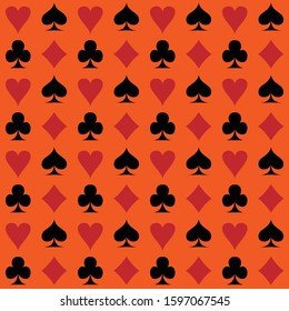 seamless pattern with spades, hearts, diamonds and clubs. orange background. endless pattern with poker suits. casino theme vector illustration.