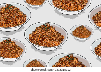 Seamless pattern with spaghetti collection. Decorative illustration, good for printing. Hand drawn wallpaper vector