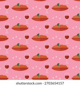 padrão sem costura espaguete prato de comida tomate cozinha vinho Itália fundo rosa vetor papel de parede tecido giftwrap tecido