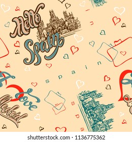 Seamless pattern. Spain. Madrid. Inspiring lettering. Greeting. Travel. Sketch of the Cathedral.  Background with hearts Vector illustration