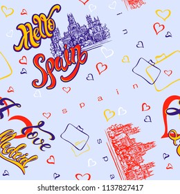 Seamless pattern. Spain. Madrid. Inspiring lettering. Greeting. Travel. Sketch of the Cathedral. Blue background with hearts Vector illustration