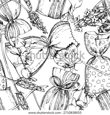 Seamless pattern with Spanish broom, lavender flowers, sachet bags, butterfly bumblebee. Isolated illustration hand drawn in vector ink. Floral packaging, Provence wedding favors, countryside style