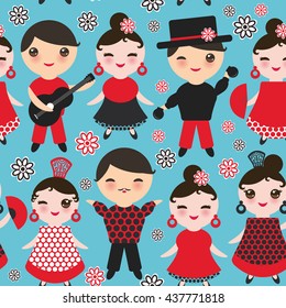 Seamless pattern Spanish flamenco dancer. Kawaii cute face with pink cheeks and winking eyes. Gipsy girl and boy, red black white dress, polka dot fabric, on blue background. Vector