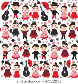 Seamless pattern Spanish flamenco dancer. Kawaii cute face with pink cheeks and winking eyes. Gipsy girl and boy, red black white dress, polka dot fabric, Isolated on white background. Vector