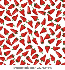 Seamless pattern with Spanish Piquillo peppers. Pimiento pepper. Pimiento del piquillo. Capsicum annuum. Red chili pepper. Vegetables. Vector illustration isolated on white background. Cartoon style.