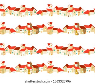 Seamless pattern with spanish red roof  houses, cubism style, on white background