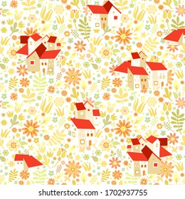 Seamless pattern with spanish red roof  houses, cubism style