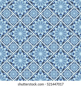 Seamless pattern in Spanish style. Spain tilework. Portugal ceramic tiles. Azulejo background. Indigo print.