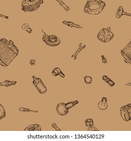 Seamless pattern of spare parts for old cars and motorcycles. Pencil drawing on sepia background, vector.