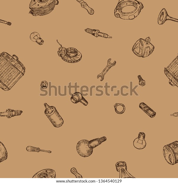 Seamless pattern of spare\
parts for old cars and motorcycles. Pencil drawing on sepia\
background, vector.