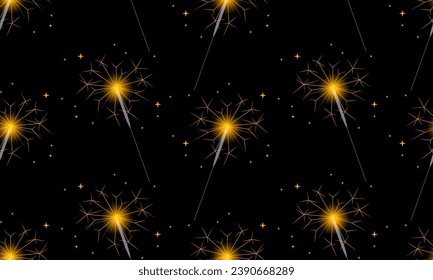 Seamless pattern with sparkler, hand-held firework. Joy and Excitement of Sparkling Moments. Christmas, New Year, holidays pattern for fabric, paper, decoration. Winter holidays background