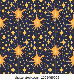Seamless pattern with sparklers sticks, bengal lights, fire on dark background. Cute Chrisrmas ornament. Perfect for fabric, scrapbooking, banner, card, wrapping paper, textile, wallpaper, apparel.