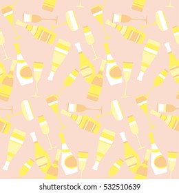 seamless pattern with sparkling alcohol beverage. celebration repeatable motif with golden champagne. assorted sparkling wine glasses and bottles. champagne concept flat vector illustration. 