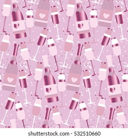 seamless pattern with sparkling alcohol beverage. rose gold celebration repeatable motif with golden champagne. assorted sparkling wine glasses and bottles. rose gold champagne vector illustration. 